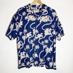 Vintage KYS Hawaiian Shirt Mens Blue with Palms Button Down Size XL